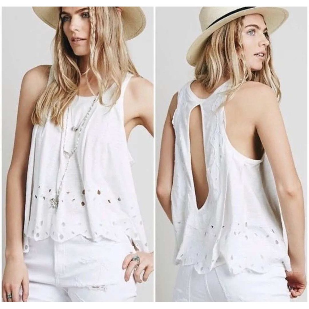 Free People Toosaloosa Slub Attina Tank Top Women Small‎ White Eyelet Open Back